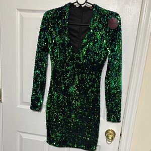 Hot Miami Styles Green Sequin Long Sleeve Bodycon Dress